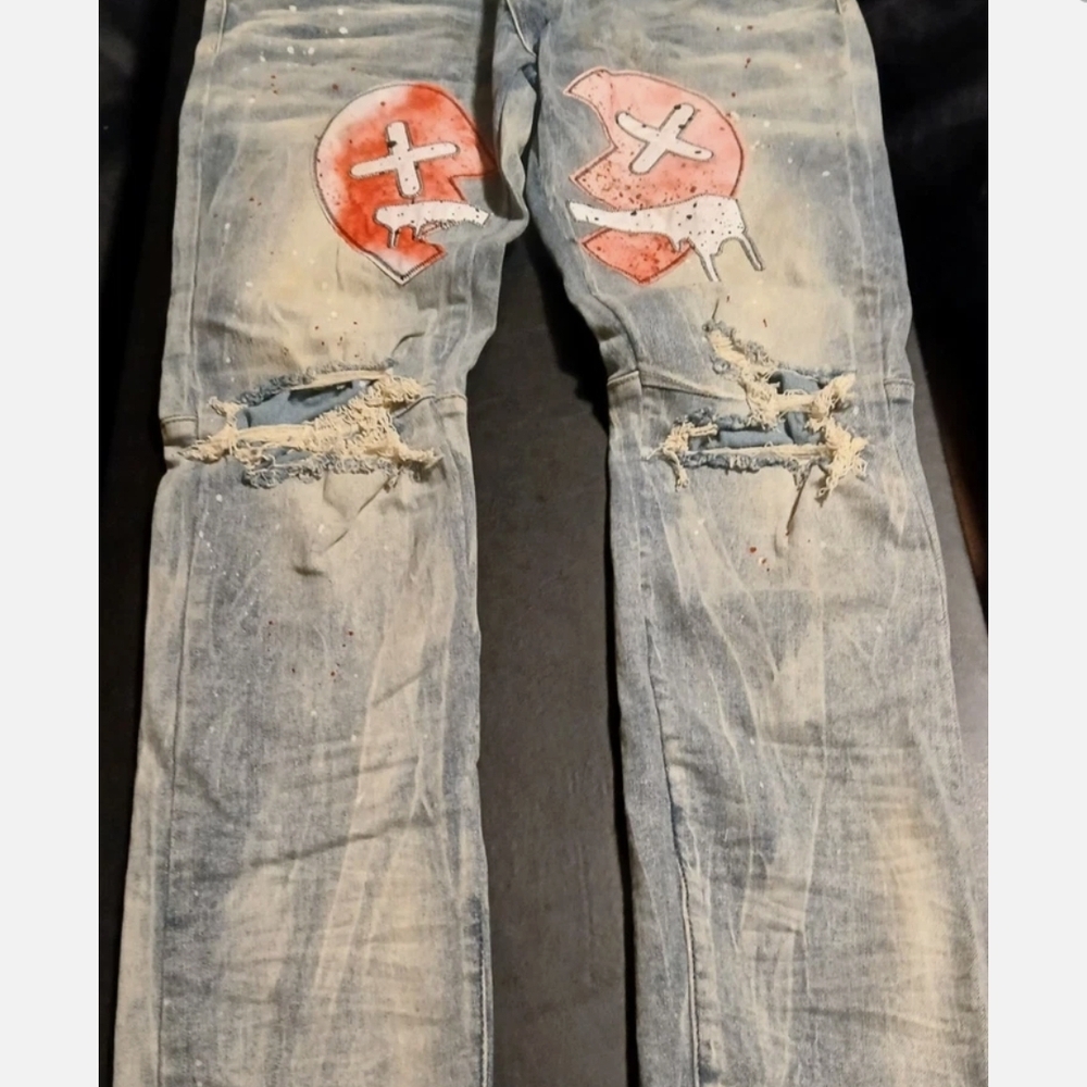 Kloud 9 Light Blue Jean Distressed Painted Design With broken heart Size 36/32